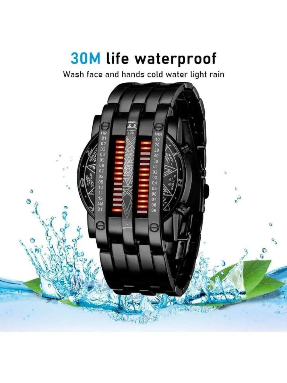 Mens Black Red Analog Quartz Bracelet Waterproof Binary Matrix LED Digital Watch